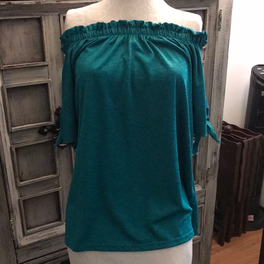 Turquoise Off the shoulder- tie sleeve Blouse
